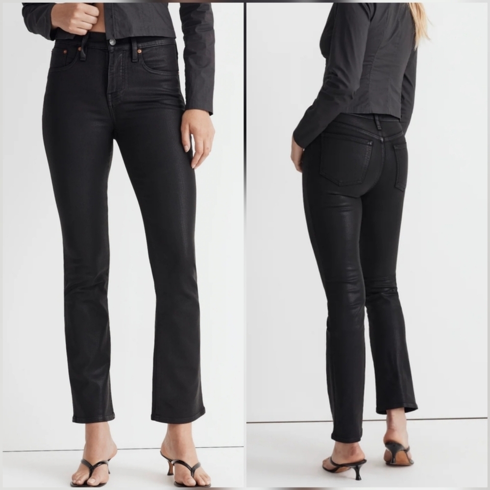 Madewell New Kick Out Crop Black Coated Denim Flare Leg Jeans Pants Size 32
